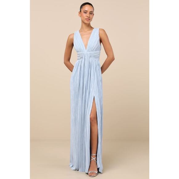 NWT Lulus Melitta Light Blue Plisse Sash Maxi Dress Wedding Bridesmaid Size L - Picture 1 of 9